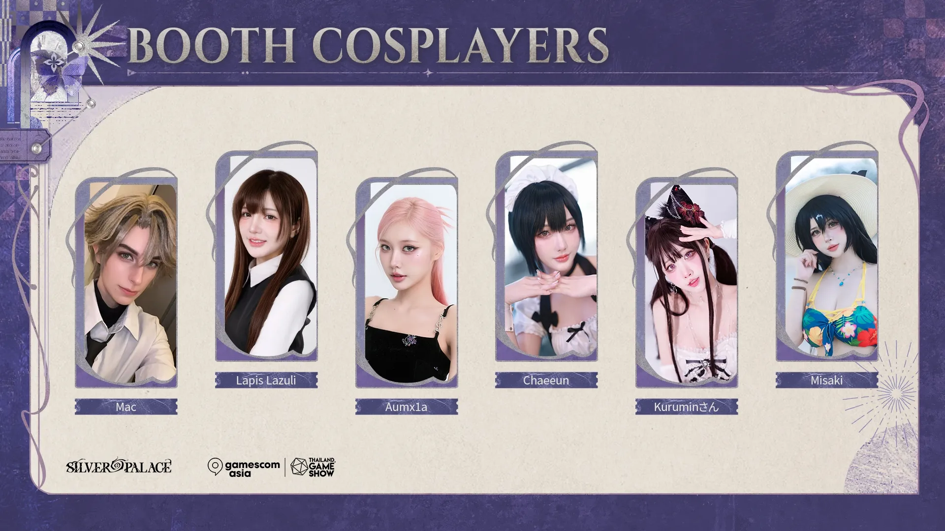 Silver Palace gamescom asia 2026 booth cosplayers Mac, Lapis Lazuli, Aumx1a, Chaeeun, Kuruminさん and Misaki
