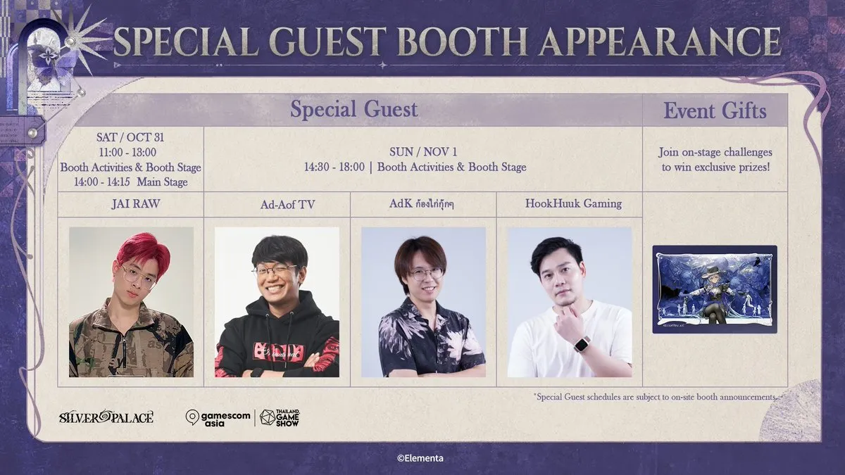 Silver Palace gamescom asia 2026 special guest booth appearances by JAI RAW on October 31 and Ad-Aof TV, AdK and HookHuuk Gaming on November 1