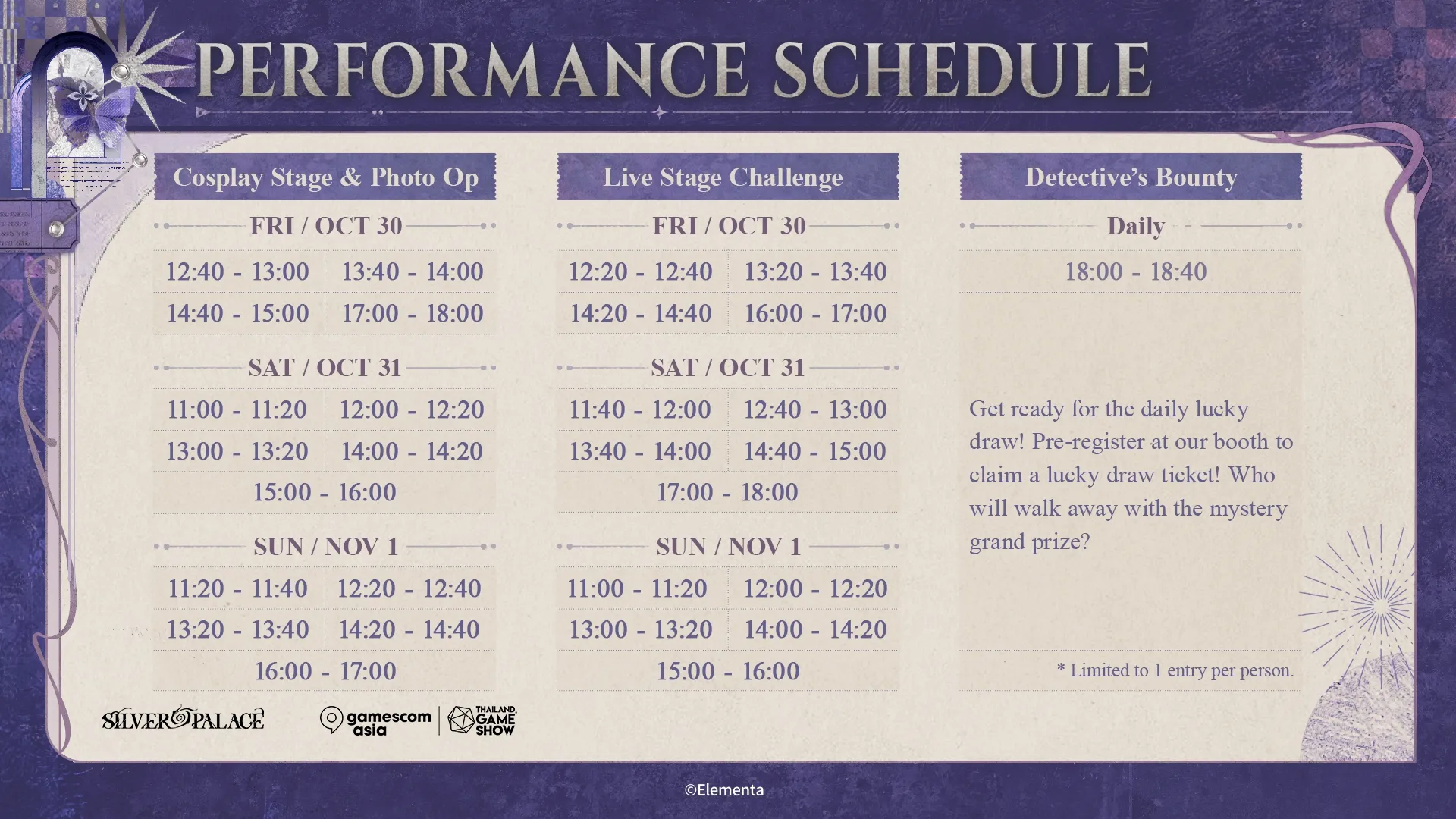 Silver Palace gamescom asia 2026 performance schedule listing Cosplay Stage and Photo Op slots, Live Stage Challenge slots and the daily Detective's Bounty draw for October 30, October 31 and November 1