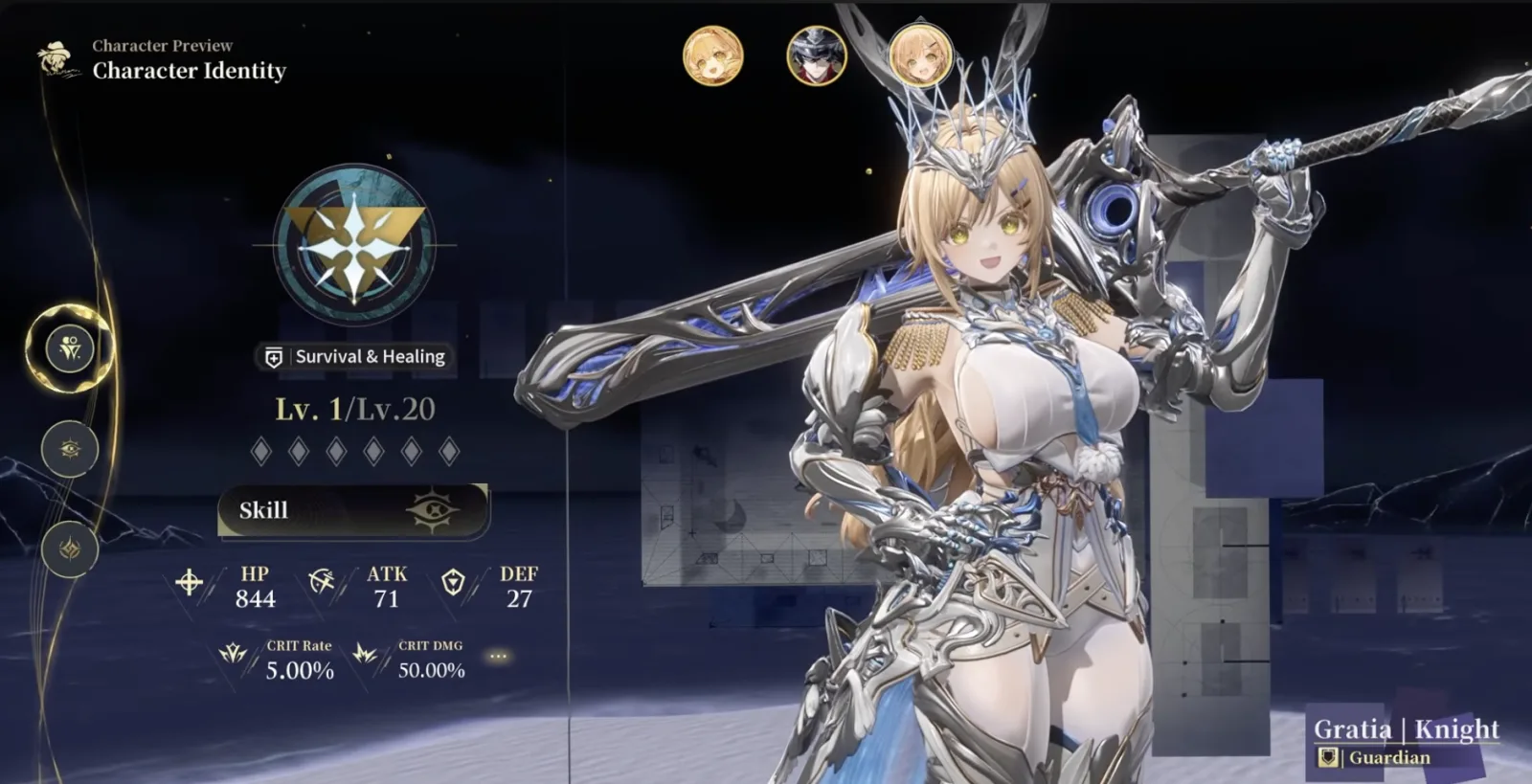 Silver Palace Gratia Character Identity screen showing Survival & Healing combat style and Guardian identity