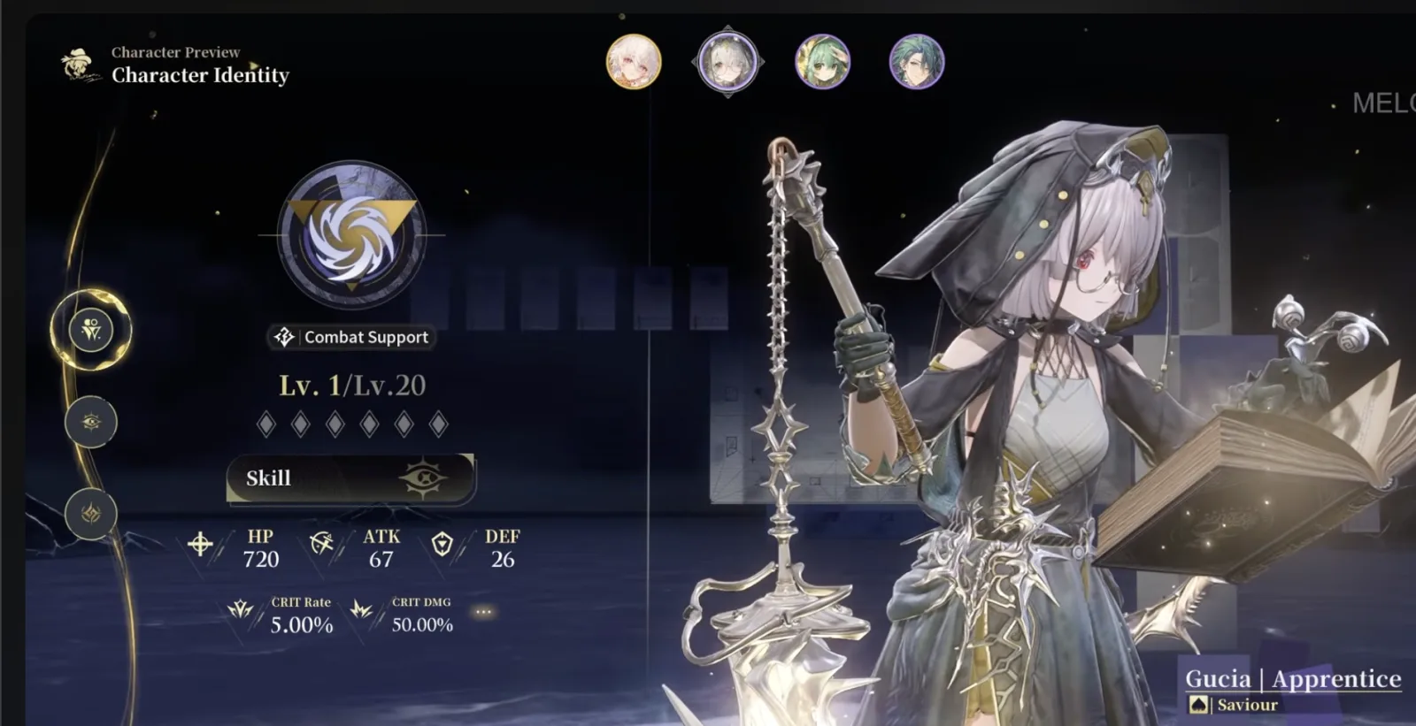 Silver Palace Gucia Character Identity screen showing Combat Support combat style and Saviour identity