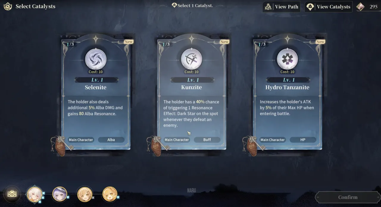 Silver Palace Select Catalysts screen offering a choice of three Lv. 1 Catalysts, Selenite, Kunzite and Hydro Tanzanite, each costing 10 against a currency pool of 295