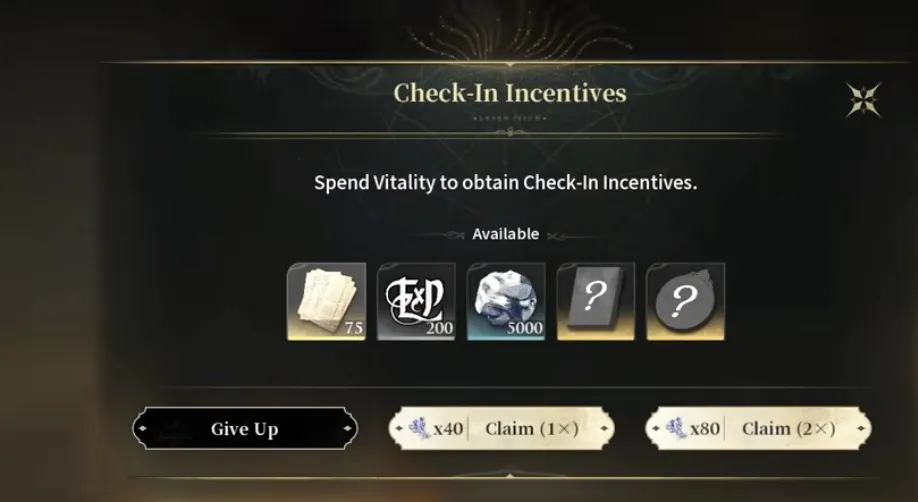Silver Palace Check-In Incentives claim screen reading spend Vitality to obtain Check-In Incentives, with a 40 Vitality single claim and an 80 Vitality double claim