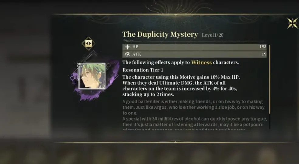 Silver Palace weapon detail for The Duplicity Mystery at Level 1 of 20, showing 192 HP, 19 ATK, and a Resonation Tier 1 effect for Witness characters