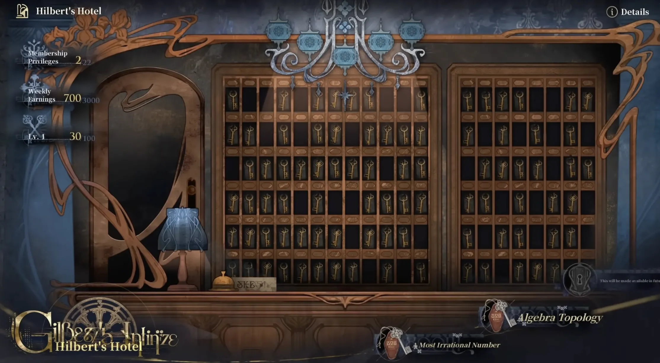 Silver Palace Hilbert's Hotel front desk showing Membership Privileges 2/22, Weekly Earnings 700/3000 and Lv.1 30/100 against a wall of numbered keys