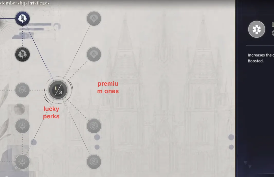 Silver Palace Hilbert's Hotel Membership Privileges tree scrolled to its far end, showing a 1 of 3 selector node surrounded by locked premium nodes