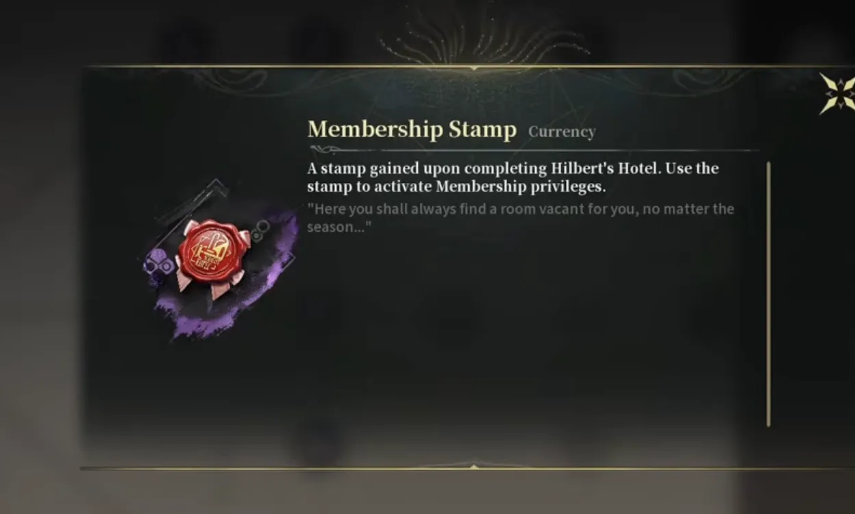 Silver Palace Membership Stamp currency tooltip reading a stamp gained upon completing Hilbert's Hotel, use the stamp to activate Membership privileges