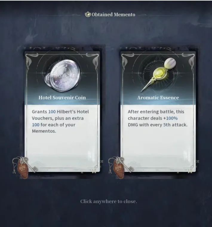 Silver Palace Obtained Memento screen showing Hotel Souvenir Coin granting 100 Hilbert's Hotel Vouchers plus 100 for each Memento held, and Aromatic Essence granting plus 100 percent damage on every fifth attack