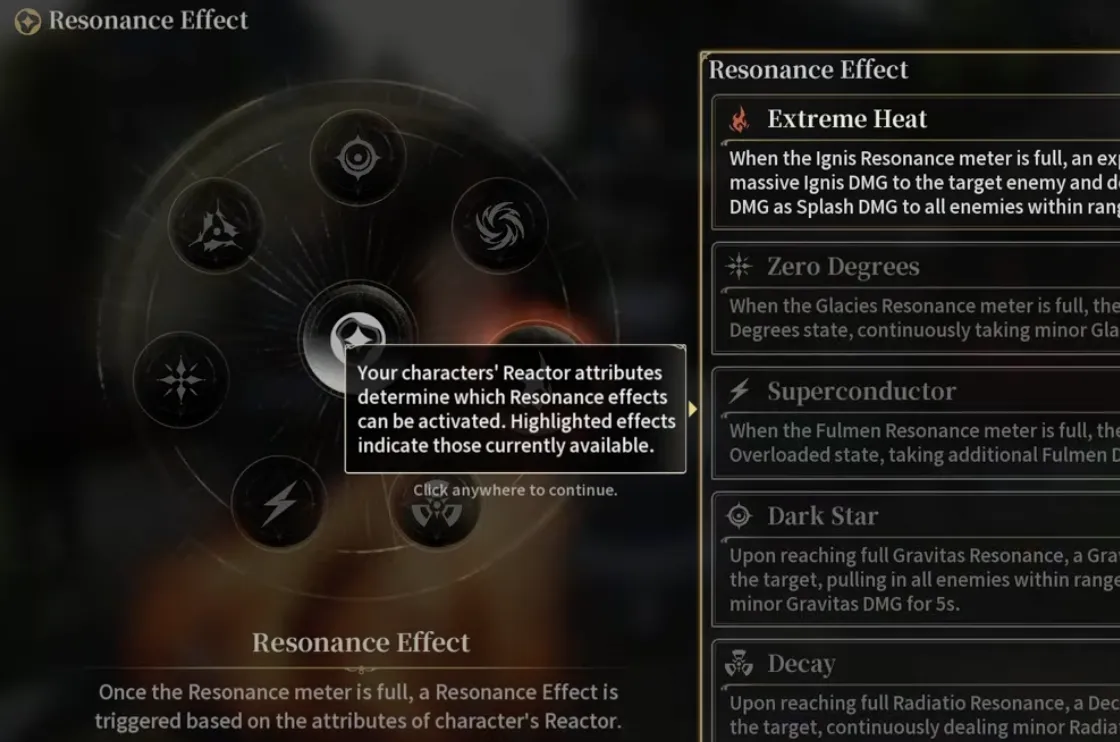 Silver Palace Resonance Effect panel showing an attribute wheel with highlighted available effects beside descriptions of Extreme Heat, Zero Degrees, Superconductor, Dark Star and Decay
