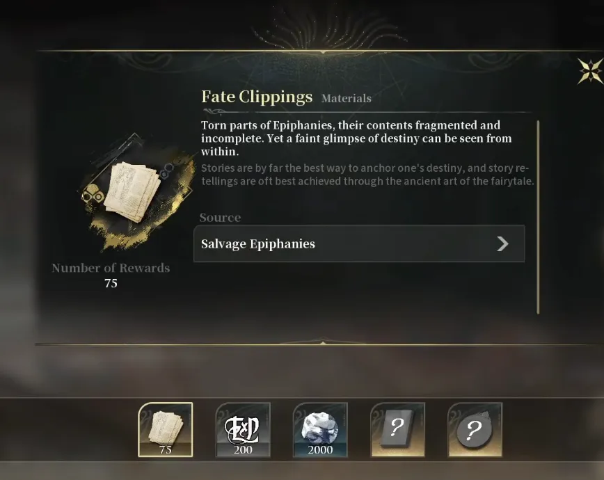 Silver Palace Fate Clippings material tooltip describing torn parts of Epiphanies sourced from salvaging them, with a reward count of 75
