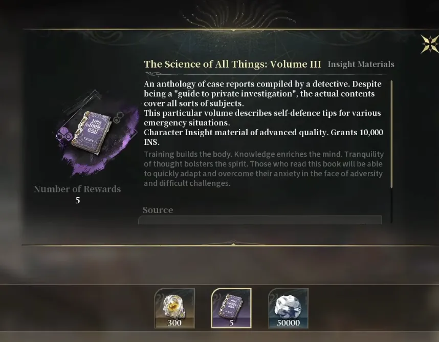 Silver Palace item tooltip for The Science of All Things Volume III, an advanced Insight material granting 10,000 INS, with a reward count of 5