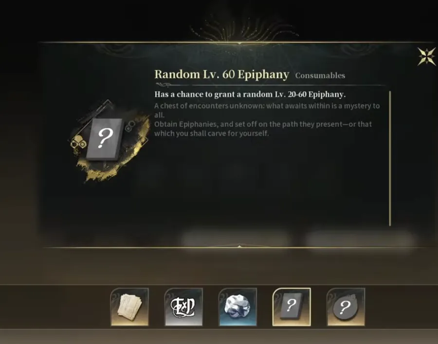 Silver Palace Random Lv. 60 Epiphany consumable tooltip stating it has a chance to grant a random Lv. 20 to 60 Epiphany