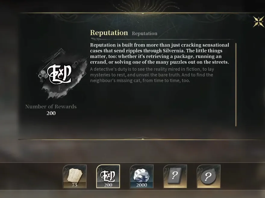 Silver Palace Reputation currency tooltip describing reputation built from cracking cases and running errands in Silvernia, with a reward count of 200