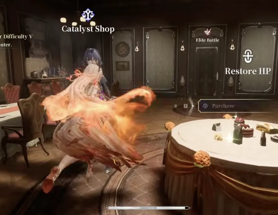 Silver Palace Hilbert's Hotel Supplies Shop interior with markers for Catalyst Shop, Elite Battle and Restore HP, and a Purchase prompt at a banquet table