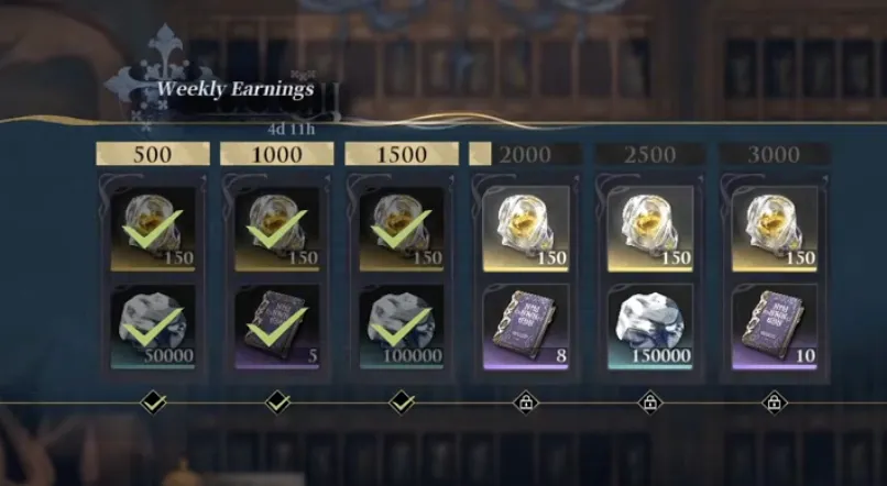 Silver Palace Hilbert's Hotel Weekly Earnings ladder with six Merit thresholds from 500 to 3000, the first three claimed, each paying 150 Reactor Crystals plus Ounce or Insight books