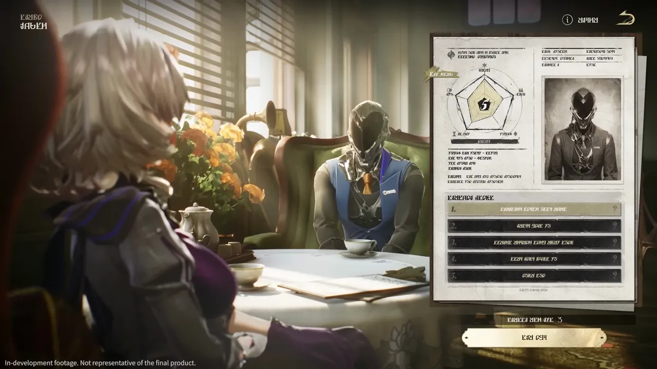 The Silver Palace interrogation interface, a suspect case file carrying a five-axis radar chart, a photograph of the masked suspect and five numbered response options, shown across a tea table