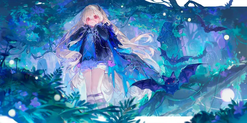 A white-haired child standing in a blue forest surrounded by bats