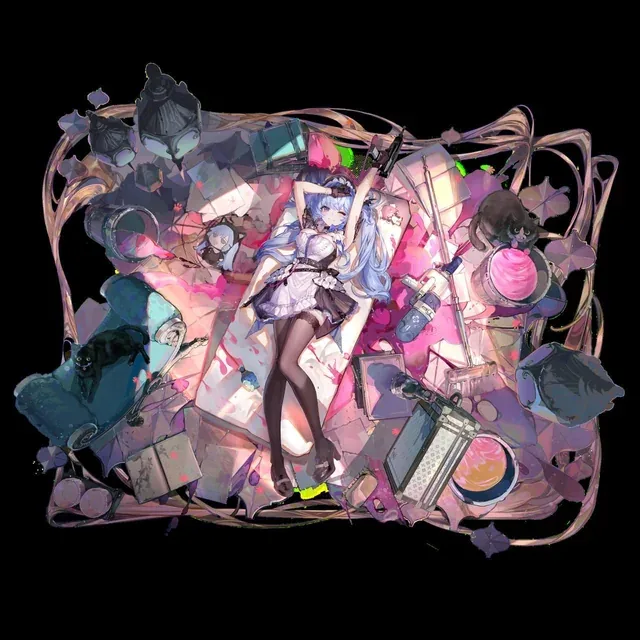 A blue-haired figure lying among scattered objects and cats