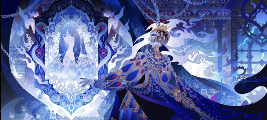 A crowned figure in blue and gold beside a framed portrait, in layered cut-paper