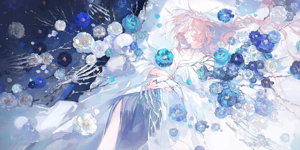 A pink-haired figure in a white gown among blue flowers and skeletal hands
