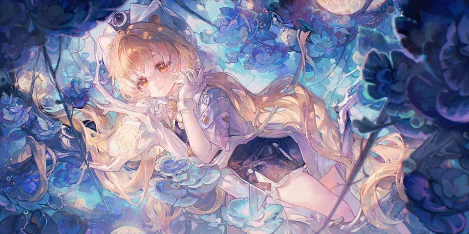 A blonde figure lying among pale blue flowers
