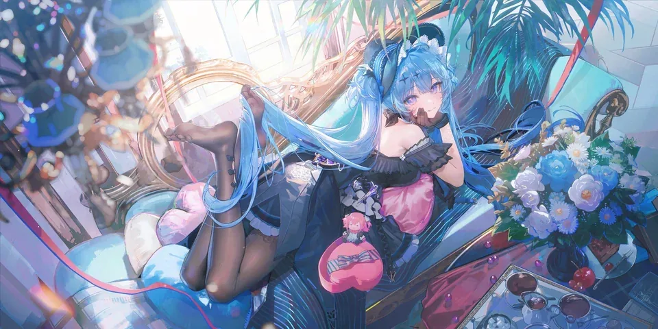 A blue-haired figure in a maid uniform reclining on a chaise among flowers