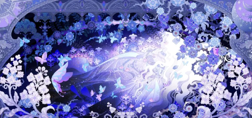 A sleeping figure surrounded by blue flowers and butterflies in a cut-paper frame