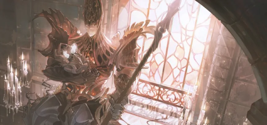 A copper-armoured figure raising a staff below stained glass and lit candles
