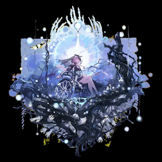 A pink-haired figure in a wheelchair beneath a crown of white hands