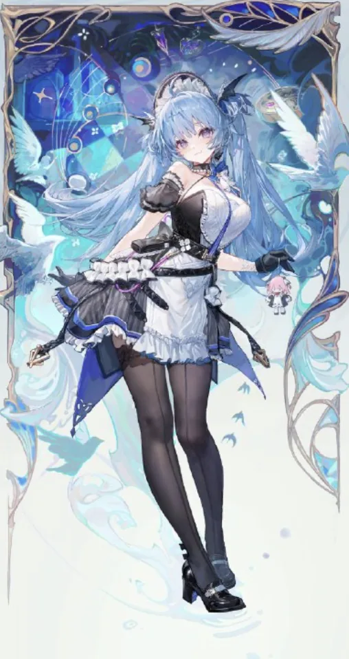 A blue-haired figure in a maid uniform surrounded by white doves