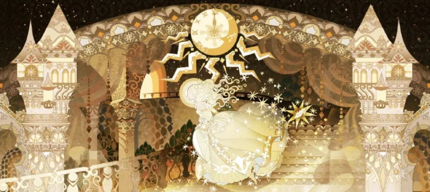 A gold ballroom with a clock above the stairs and twin castle spires either side