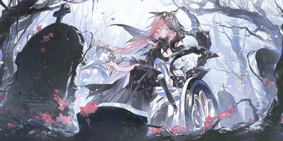 A pink-haired figure in a wheelchair among snow-covered graves and red blossoms