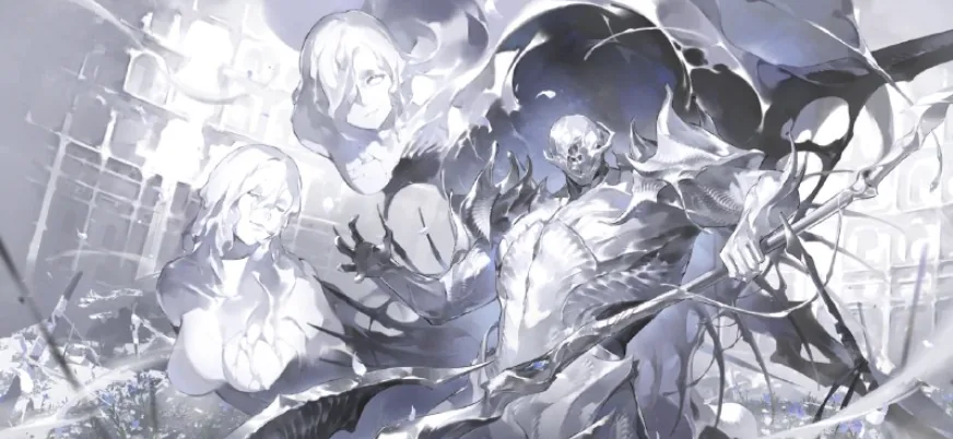 A skeletal figure with a scythe and two women, drawn entirely in greys