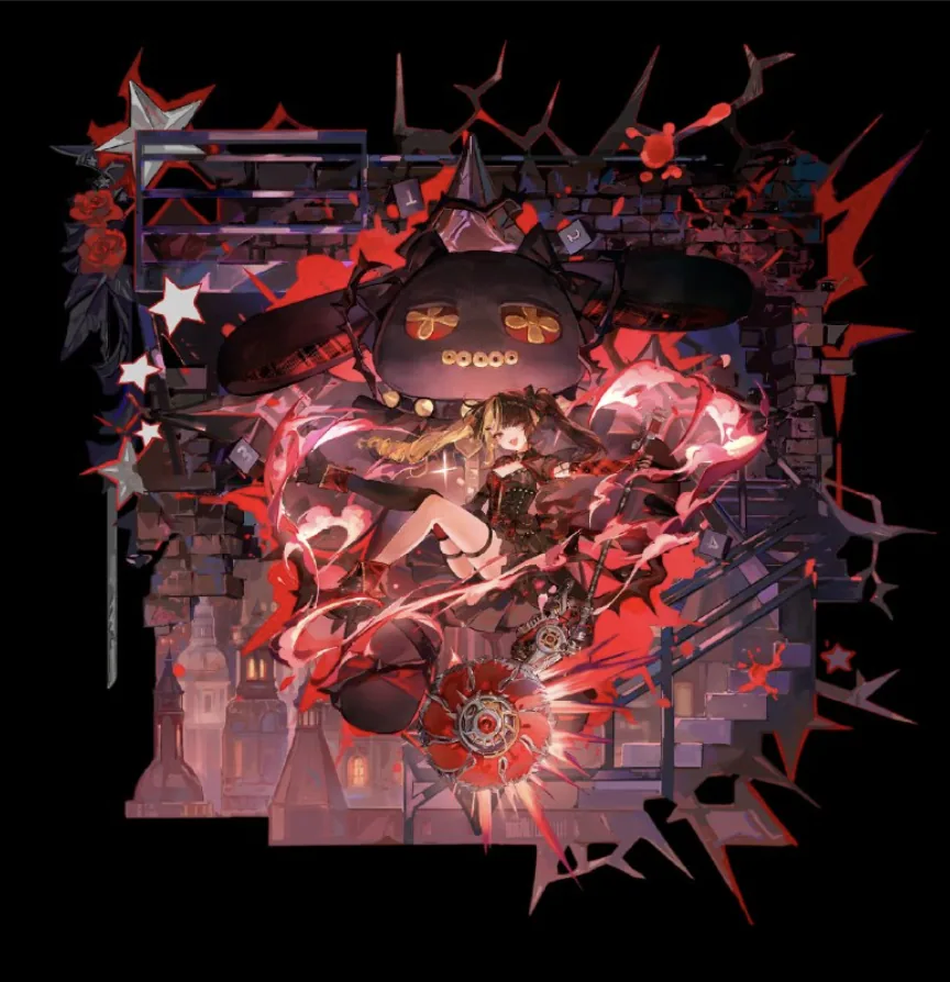 A twin-tailed figure in red and black before a large dark mascot among ruins