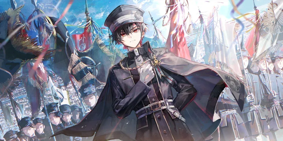 A figure in a peaked cap and cape standing before ranks of soldiers and banners