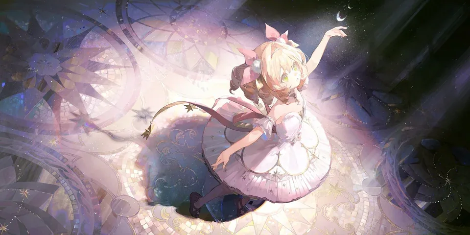 A figure in a white dress dancing on a lit mosaic floor beneath a crescent moon