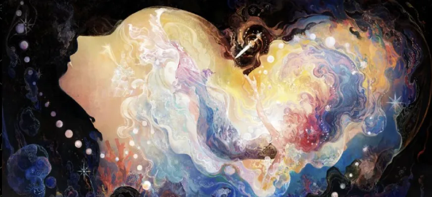 An abstract profile dissolving into swirling colour against black