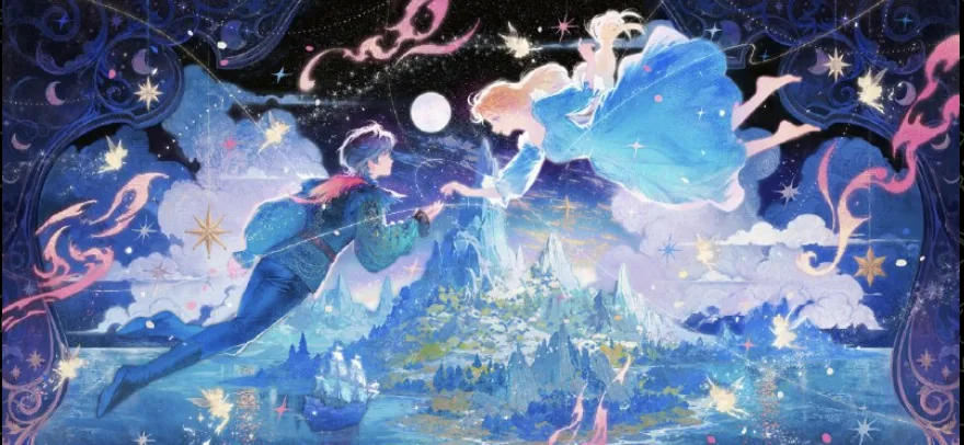 Two figures flying hand in hand over a moonlit island under a starry sky