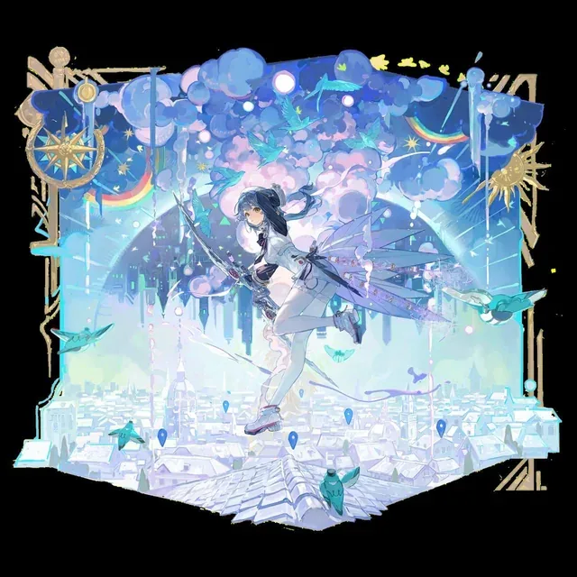 A winged figure above a white cityscape among paper planes and rainbows
