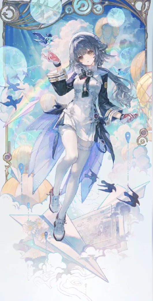 A dark-haired figure riding a paper plane among balloons and blue birds
