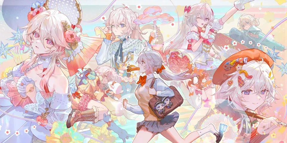 A collage of white-haired figures in pastel school and painter outfits