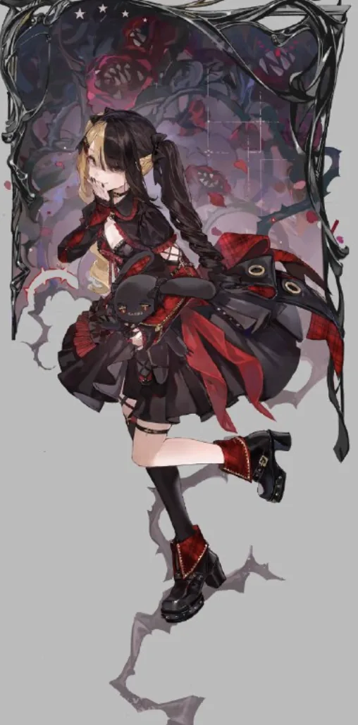 A twin-tailed figure in black and red plaid standing among dark roses