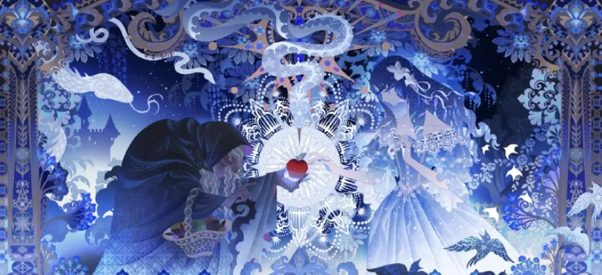 A hooded figure holding out a red apple to a figure in a white gown, in cut-paper blue and silver