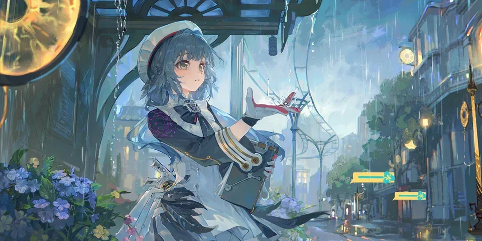 A grey-haired figure in a maid uniform holding a red paper plane in the rain