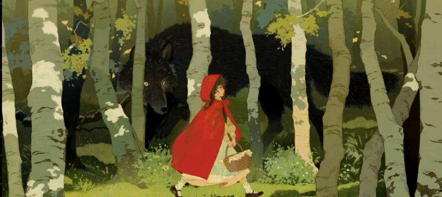 A child in a red hood walking past a black wolf among birch trees