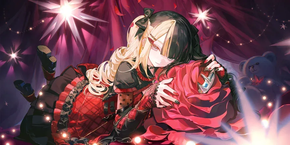 A figure with blonde and black hair lying against a giant red rose beside a teddy bear