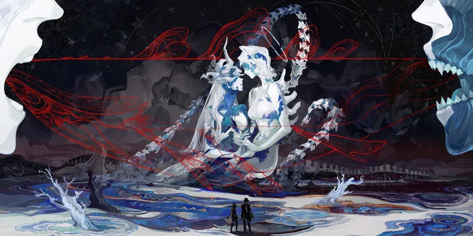 Two pale figures embracing beneath red threads, with vast faces at either edge