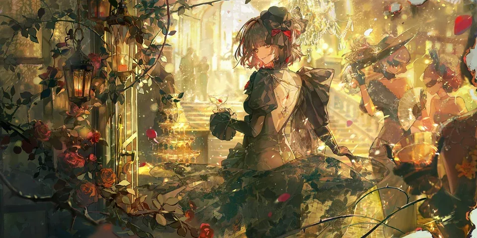 A figure in a black gown holding a coupe glass among rose vines and hanging lanterns