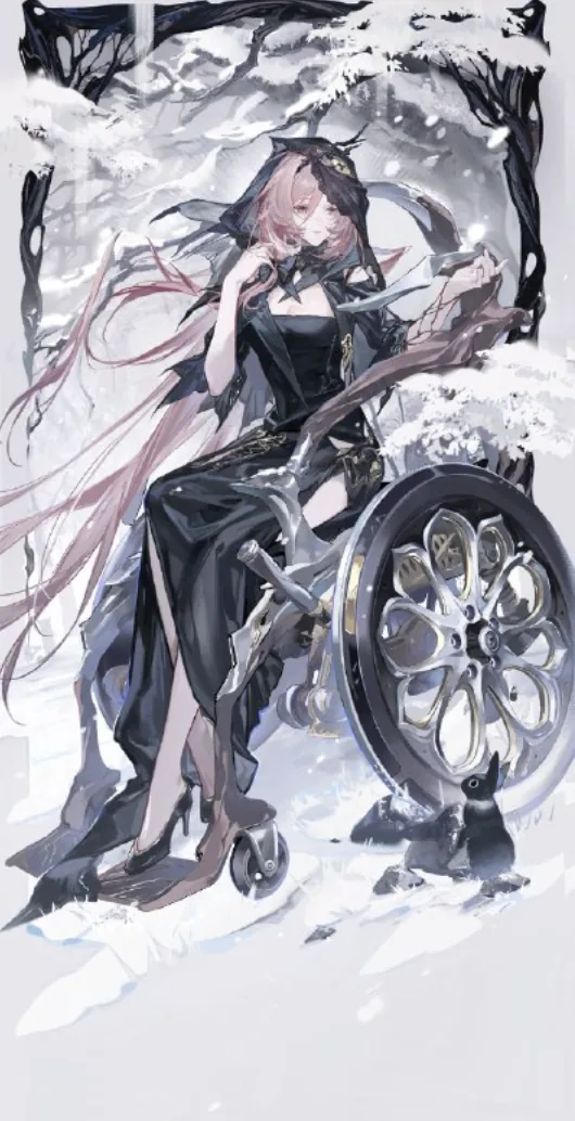 A pink-haired figure in a wheelchair on a snowfield with a penguin at the wheel