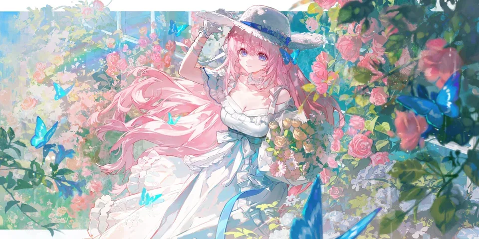 A pink-haired figure in a sun hat among roses and blue butterflies
